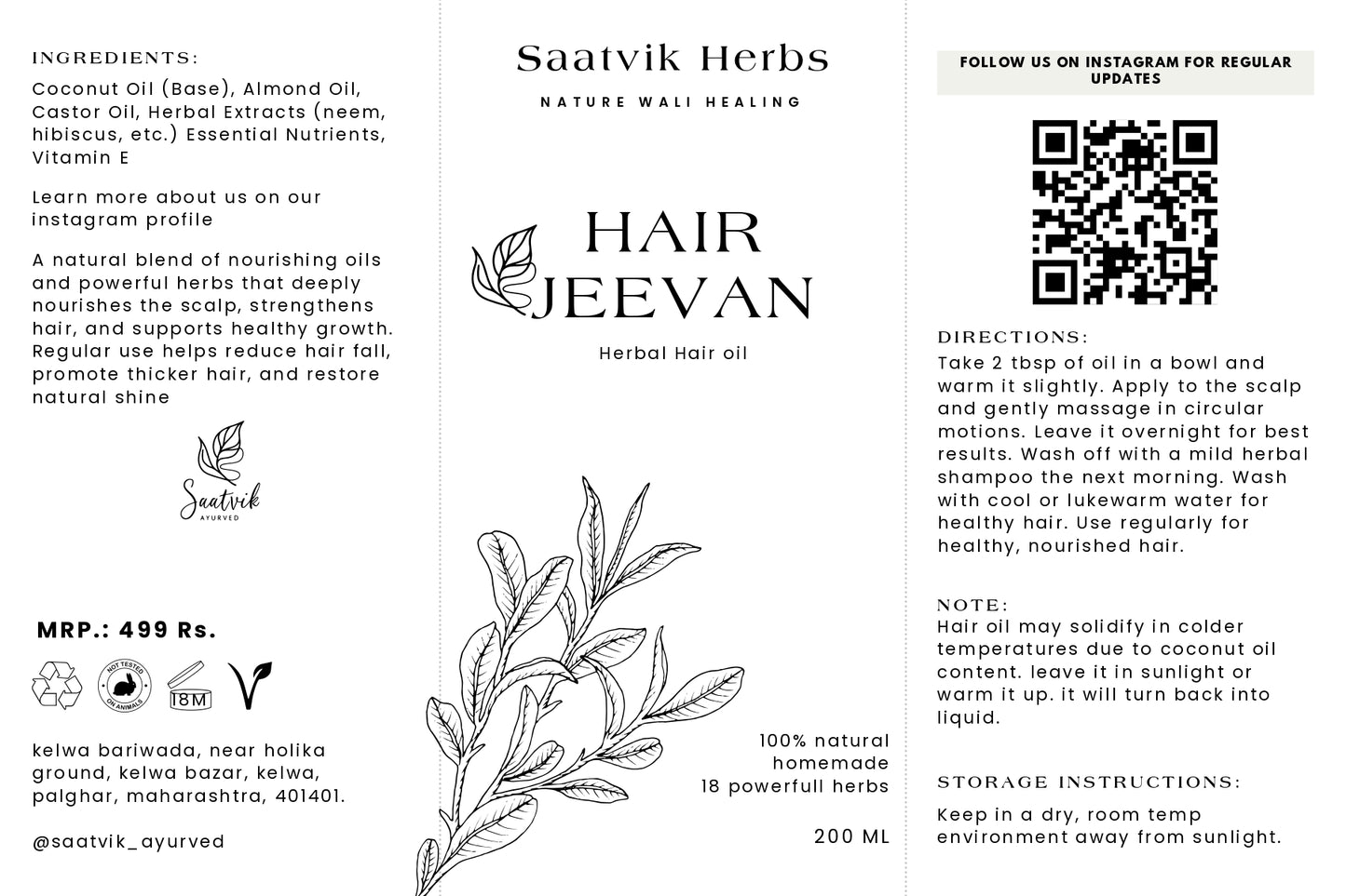 Saatvik Herbs Hair Jeevan 100% natural Herbal hair oil label with ingredients, directions, and branding details.