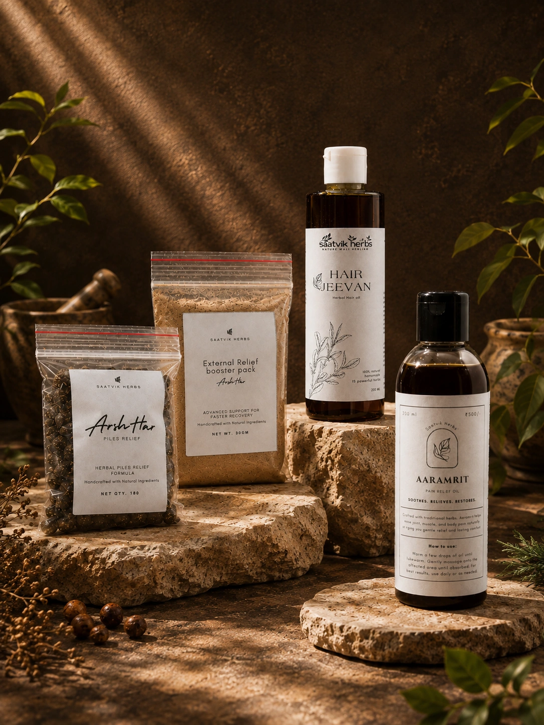 Four Saatvik Herbs preparations arranged on travertine blocks against a dark ochre wall — the ArshHar tablet pouch and its booster pack, and two bottles of oil — with a stone mortar and pestle behind them and leaf shadows across the wall